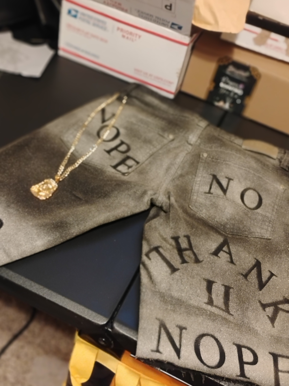Black Men's Jean Shorts with Gold Dusted Graphic Text